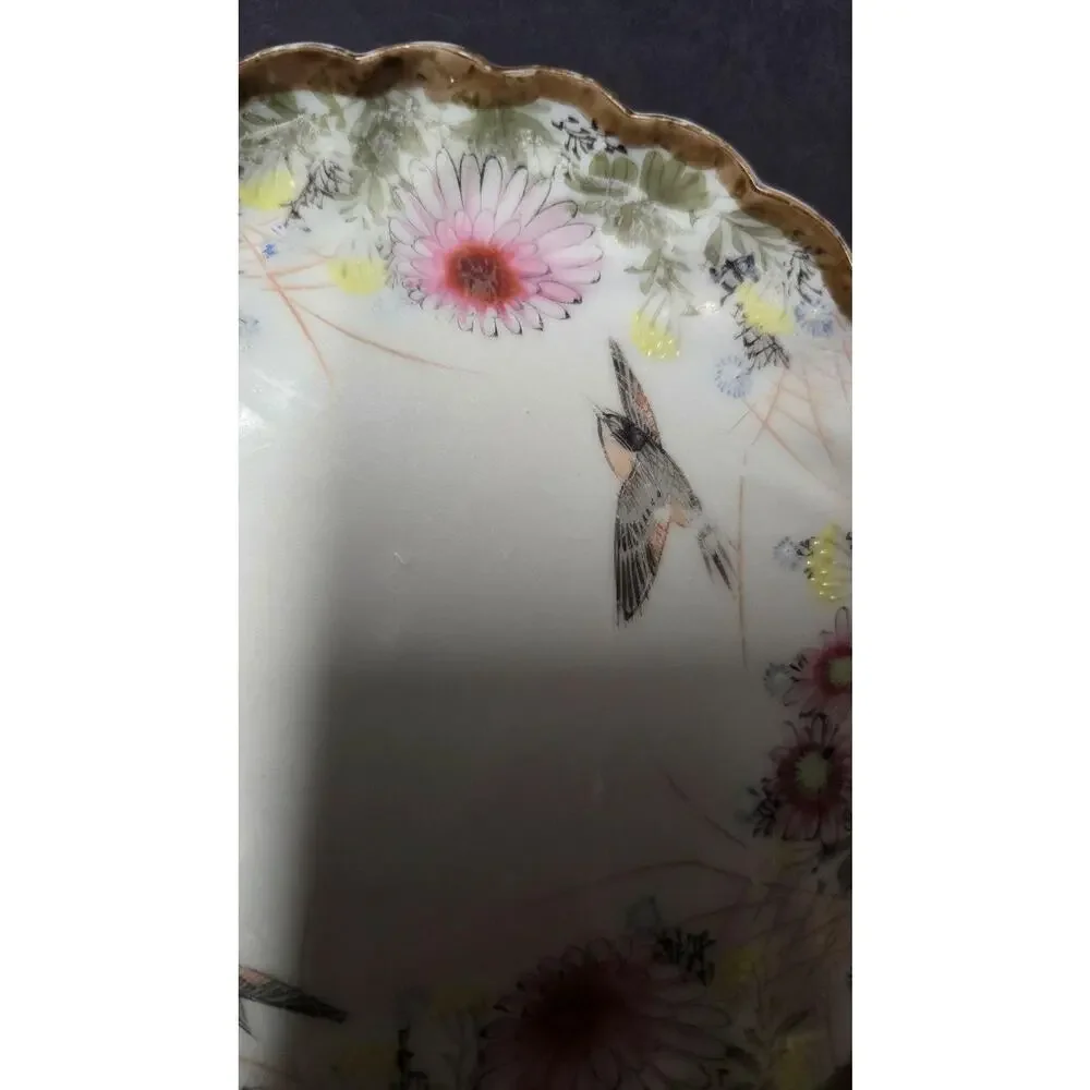 Vintage Unmarked Porcelain Plate Birds Pink Floral Gold Trim Scalloped Edge
